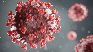 Blog header photo for Physician Physician Wellness in America, depicting a Covid-19 virus particle.