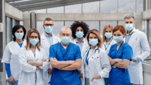 Blog header photo for Physician Health & Wellness in the Era of COVID-19: Mental Health Effects of the COVID-19 Pandemic on Physicians, depicting a group of healthcare practitioners wearing masks