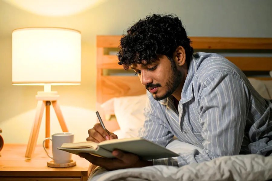Man reading a book near his lamp